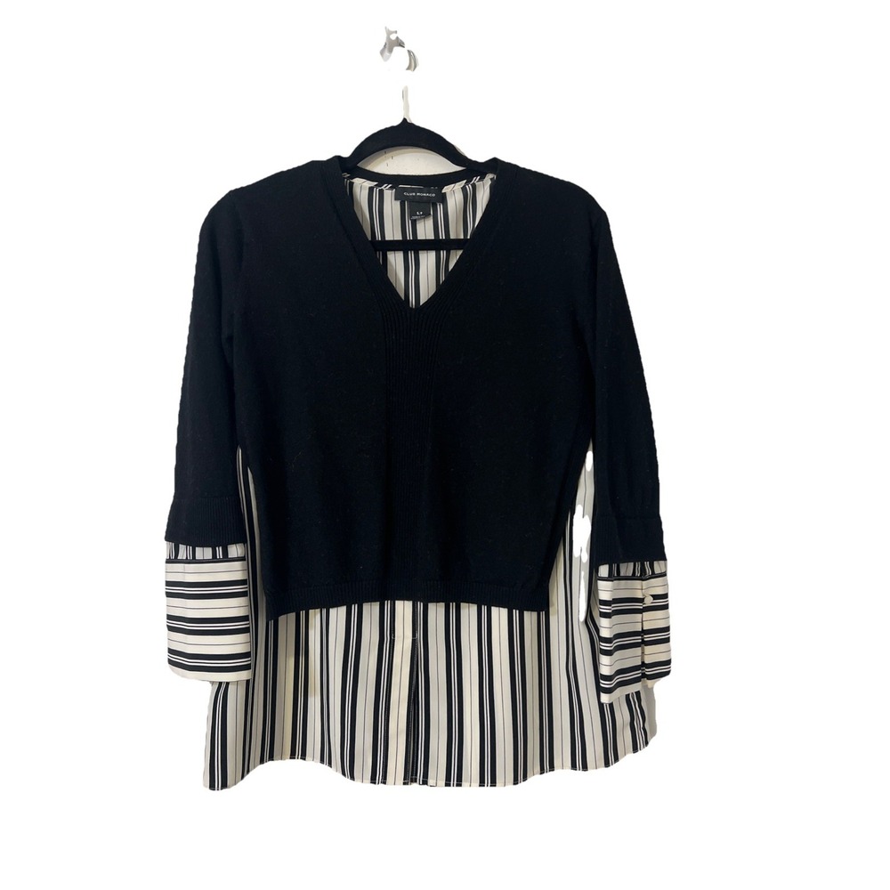 Club Monaco Merino Wool Sweater Black Size Small Retail $189 Striped Black White